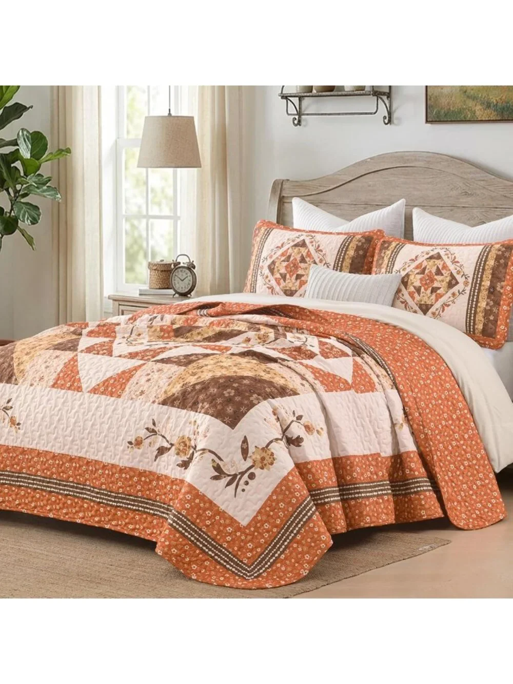 Cozy Patchwork Queen Quilt Set - Fall Orange Floral Farmhouse Bedspread
